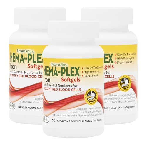NaturesPlus Hema-Plex Iron - 60 Fast-Acting Softgels - 3 Pack - 85 mg Iron + Vitamin C & Bioflavonoids for Healthy Red Blood Cells - Gluten Free - 60 Total Servings