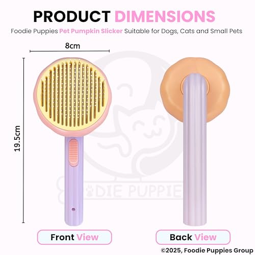 Image of Foodie Puppies Grooming & Cleaning Thin Slicker Brush for Dogs & Cats - (Pumpkin Head Slicker) | Self Clean Brush for Shedding | Gently Removes Loose Undercoat, Mats and Tangled (Color May Vary)
