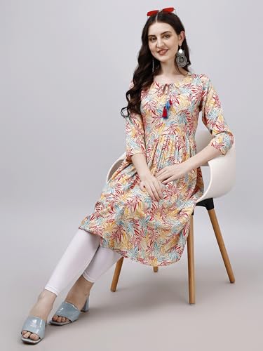 Image of OBF Women's Rayon Printed Anarkali Kurti Multicolour