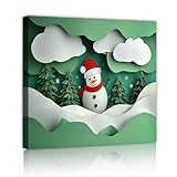 雪だるま松の森キャンバスプリント冬のワンダーランドウォールアート抽象的な紙のカットアートウォールアートポスタークリスマスウォールデコレーション30x30cmインナーフレーム