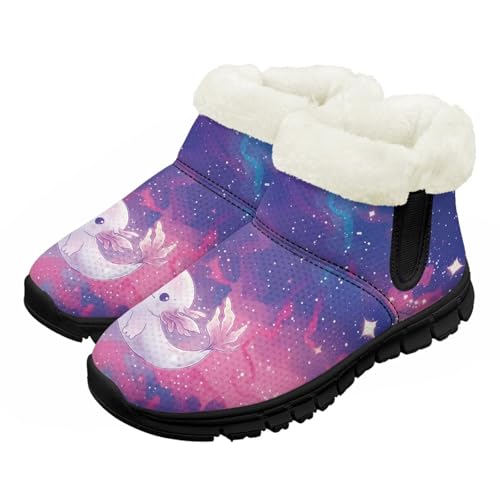 Pointodoor Galaxy Axolotl Snow Boots for Big Kids Size 1 Fashion Non Slip Fuzzy Shoes Warm Tennis Wide Toe Running Footwear with Arch Support No Lace
