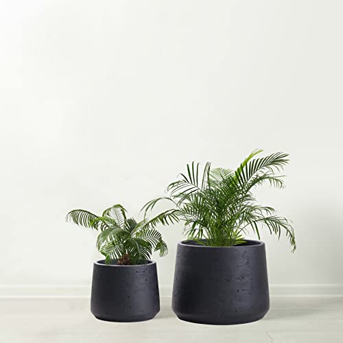 Copenhagen Matt Black Ceramic Plant Pot Set Of 2-9" And 6" Ceramic Cement Planters For Indoor & Outdoors - Textured Effect - Large & Medium Plant Pots #TOP2