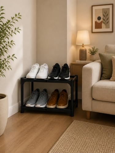 Image of WOOMZY Shoe Rack 4 Tier Shoe Rack with Shelf, Folding ShoeRack for Bedroom, Living Room, Entryway, White, ShoeRack, Footwear Stand for Home (Black-Double)