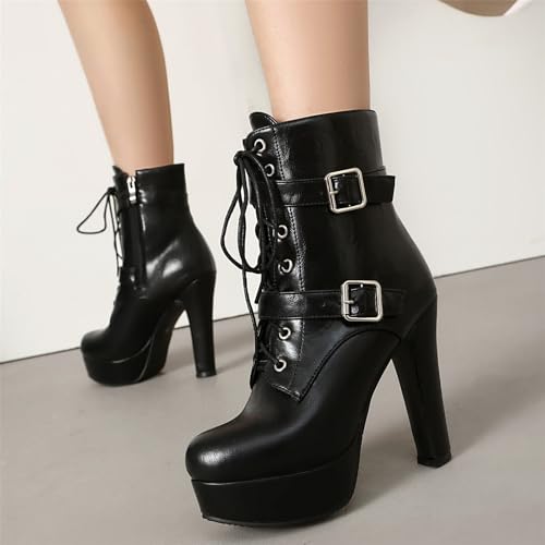 Image of FOREADA Goth Boots Chunky Heel Boot For Women Ankle Combat Booties Black Platform Bootie Buckle Rivets Punk Goth Shoes With Zipper