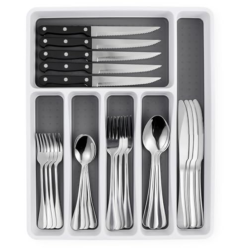 49 Piece Silverware Set with Organizer - Stainless Steel Cutlery Set for 8, kitchen Utensil Flatware with Steak Knives, Spoons and Forks, Dishwasher Safe, Rust-proof & Mirror Polished