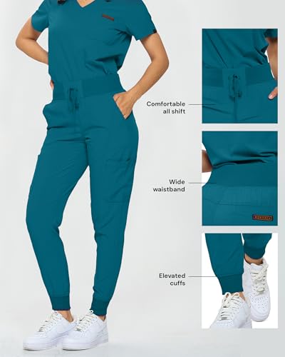 Image of Monarch Uniforms Slim Fit Stretchy Scrubs Women's Jogger Scrub Set Slim Jogger Scrubs with Tuck-In Top for Women