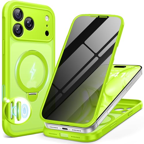 BERFY for iPhone 17 Pro Case, Compatible with MagSafe, Built in Privacy Screen Protector, Shockproof Full Body Phone Case for 17 Pro with Magnetic Stand, Translucent Bright Green by BERFY - Used condition - US$14.85