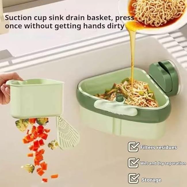 Wideous Suction Cup Sink Corner Rack, Curetoaway Sponge Holder for Kitchen Sink, Sponge Holder for Kitchen Sink with Fine Mesh Drain Hol, Triangular Sinks Basket Shelf Automatic Dumping (Green+Yellow)