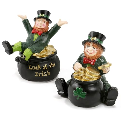 St Patricks Day Decorations Leprechaun Figurines Set of 2 Resin Statue with Pot of Gold Tabletop Home Decor Lucky Irish Saint Patricks Day Tiered Tray Shelf Mantel Desk Decor Holiday Decorations