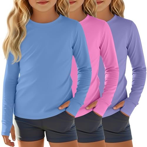 Image of 3 Pack Girls Rash Guard Swim Shirts 5-14Y UV Sun Protection Long Sleeve Thumb Hole Quick Dry T-Shirts UPF 50+ Tees