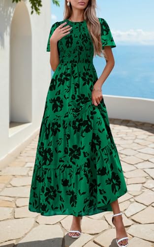 Image of PRETTYGARDEN Women's 2026 Summer Casual Flutter Short Sleeve Boho Floral Maxi Dress Crew Neck Smocked Tiered Long Dresses
