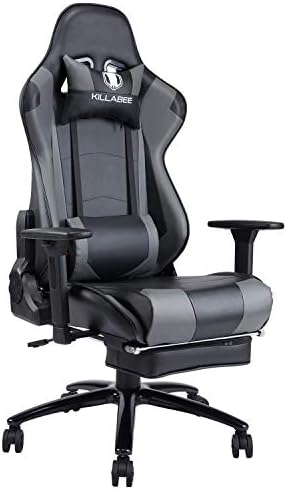 VON RACER Massage Gaming Chair with Footrest Grey Ergonomic Floor Reclining ComputerGaming Chair Desk Chair Big and Tall High Back with Headrest & Lumbar Support for Adults.