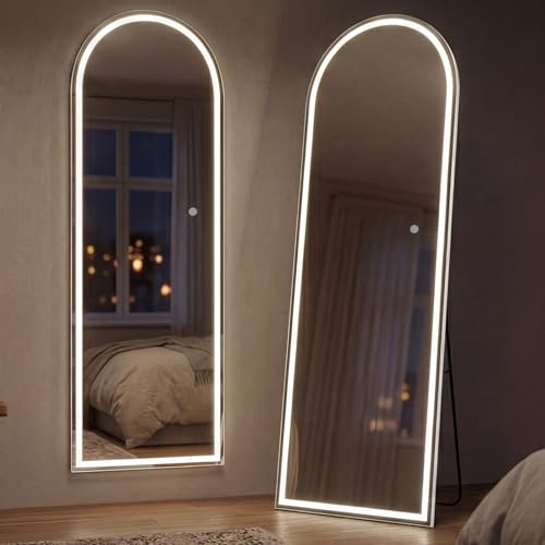 Yezi LED Full Length Mirror 165x60cm Standing/Wall Mounted Arched Full Body Mirror with Lights 3 Color Lighting & Dimmable Brightness HD Tempered Glass Floor Mirror for Bedroom Dressing Room