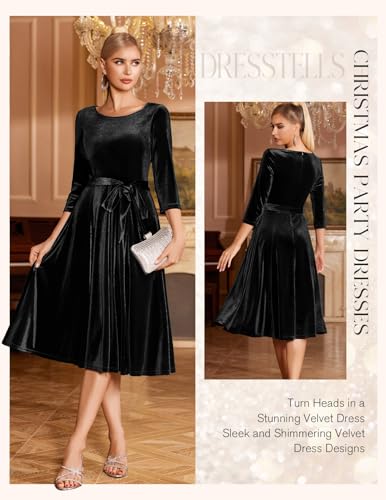 Image of DRESSTELLS Velvet Cocktail Dress for Women, 2023 Fall Vintage A-Line Elegant Velvet Dress, 3 /4 Sleeves Winter Formal Dress