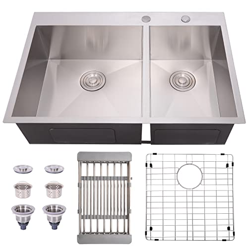 TopCraft TO3322GSB Küchenspüle, Doppelschüssel, 83 x 56 cm, Topmount Edelstahl, Küchenspüle, 16 Gauge 60/40, Doppelabfall-Spüle Cover