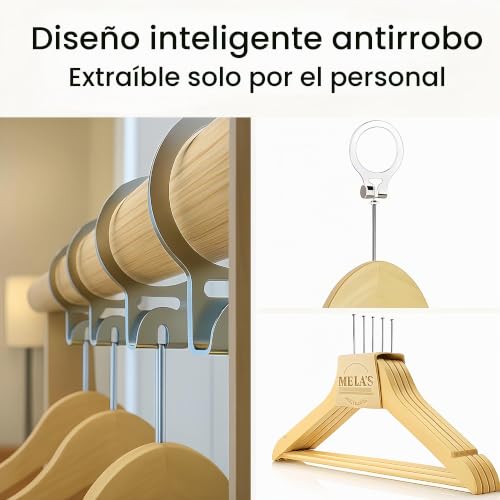 Miniatura 3 de Mela S Pack De 50 Perchas De Madera Antirrobo Con Anillo De Seguridad Solo Desmontables Por El Personal Para Hoteles Y Uso Profesional