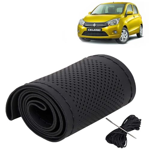 Image of KINGSWAY PU Leatherite Car Steering Cover Sewable Compatible with Maruti Suzuki Celerio (Year 2014-2021), Black Color with Black Thread, Pack of 1 with Sewing Needle and Thread