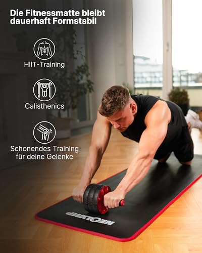 NEOLYMP extra dicke Fitnessmatte rutschfest inkl. Tragegurt & E-Book – Yogamatte, Gymnastikmatte, Sportmatte & Pilates Matte – Trainingsmatte für Zuhause, Studio & Outdoor (Schwarz-Rot 61 cm)