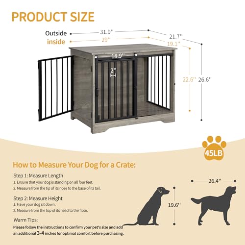 31.9" Dog Crate Furniture with Barn Door, Heavy Duty Dog Kennel Indoor with 2 Doors, Wooden Pet Cage End Table for Small Medium Dogs up to 44 lb, Anti-Chew Anti-Escape, Greige DFC83605B - Image 3