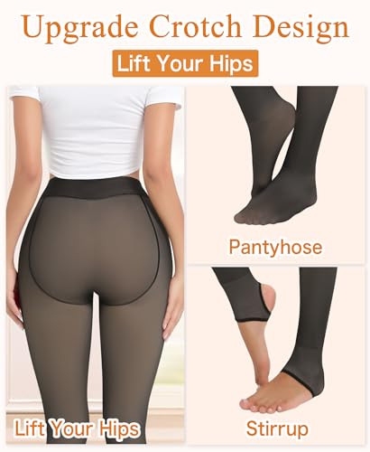 Image of DOCUMO Fleece Lined Tights for Women Thermal Pantyhose Winter Warm Fake Translucent Tights High Waisted Thick Leggings