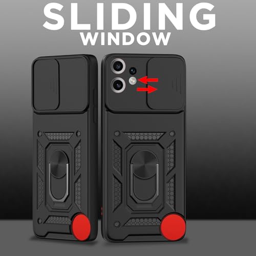 Image of Pikkme Back Cover for CMF by Nothing Phone 2 Pro 5G | 360 Protection Case | Sliding Camera Shield Cover & Ring Holder Stand D10 Tough Armor Bumper Case (Black)