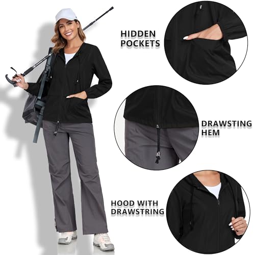 JTANIB Women's Raincoat Waterproof Windbreaker Hooded Lightweight Packable Rain Jacket with Back Zipper Coats S-XXL3