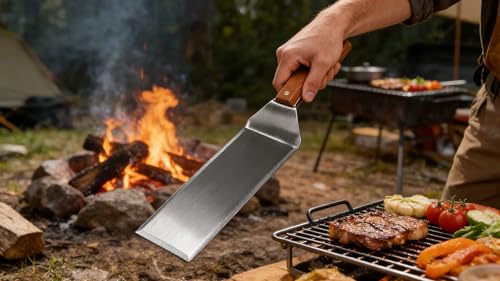 Extra Long Metal Griddle Spatula Set of 2- Wooden Stainless Steel Grilling Spatula, Grill Accessories for Blackstone, BBQ Grill Tools w/Full Tang Wooden Handle & Beveled Edges for Flat Top Grilling by Adoco - Image 3