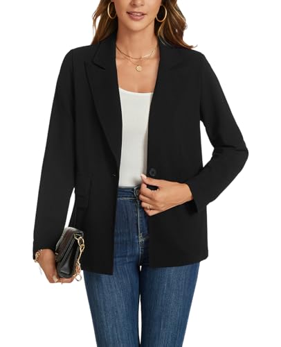 MINTLIMIT Women's Black Blazer Long Sleeve Lapel Button Open Front Blazer Suit Work Office Casual Outfits Jacket with Pockets2
