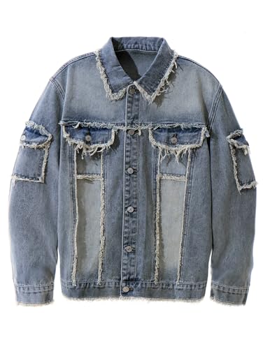 Image of Men's Denim Jacket Patchwork Fringe Jacket Slim Jean Jacket Streetwear Coat