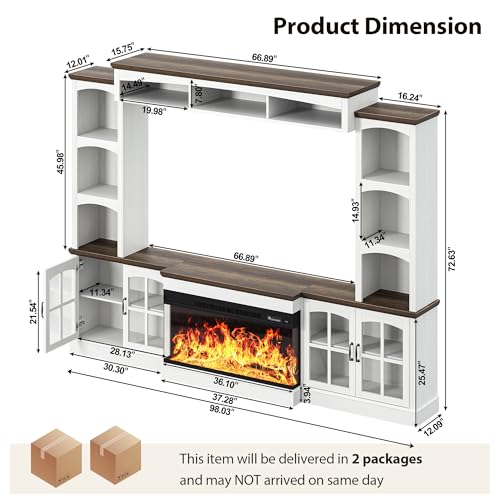 Image of MXV 98 inch Farmhouse Fireplace TV Stand, Large Wall Unit Entertainment Center with 36 inch Electric Fireplace, Media Console with Storage Cabinets and Open Shelves for Living Room, White