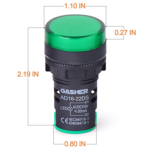 Gasher 12V/24V/110V 20Ma Energy Saving Indicator Light Mounting Hole Size 22Mm (7/8 Inch) Green 10 Pcs #TOP3