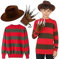 The Fancy Dress Kids Halloween Freddy Jumper, Explorer Hat With Claw Set - A Nightmare On Elm Street Scary Halloween Costumes For Boys UK Age 7-12 Years (Full Set, 7-8 Years)