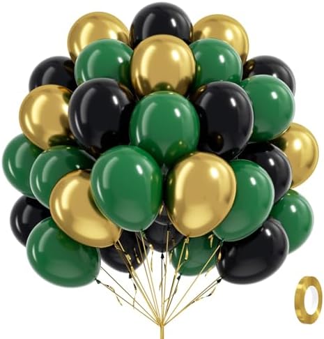 60pcs Green and Black balloons 12inch with Dark Green Metallic Go...
