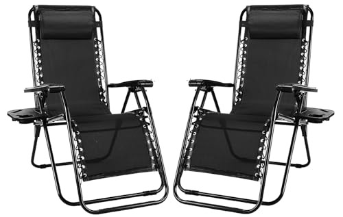 NEWBULIG Zero Gravity Chair Set of 2, Lounge Chair Folding Portable Adjustable Camping Reclining Chairs with Adjustable Pollow, Mesh Back, Cup Holder Trays Lawn Patio Chair for Pool Beach - Black