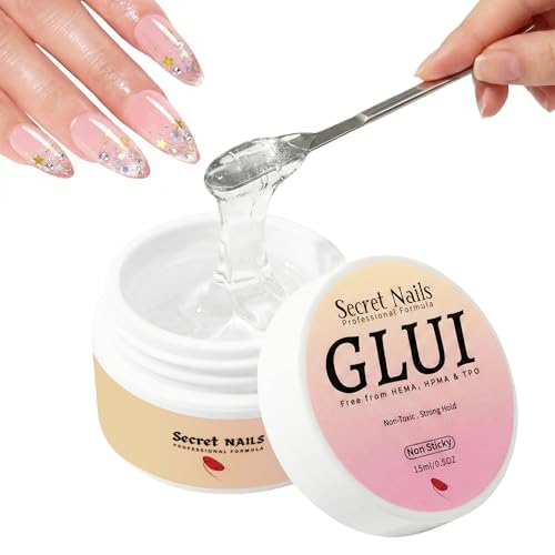 GLUI SECRET NAILS - Professional Nail GLUI for Press On Nails 15ml Extra Strong Hold Non Sticky Solid Nail Glue Gel for Acrylic & Fake Nail Tips Long Lasting Adhesive for Salon & Home Use