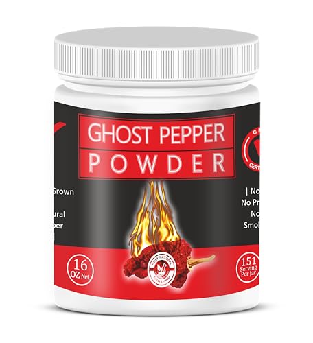 Ghost Pepper Powder (Bhut Jolokia Chili) - 16 oz/454 gm, 100% Pure, Smoked, Hottest & Spicy Chili Powder, Add Unique, Delicious, Complex and Smoky Flavor to Your Favourite Dishes