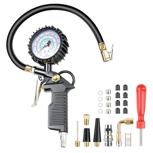 Behiruch Manómetro Presión Neumáticos 220PSI Pistola de Inflado Compresor Digital Manómetro de Alta Precisión con 25 pcs de Accesorios para Bicicleta Moto Coche Camión y Motocicleta