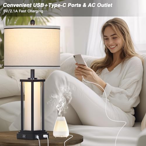 27" Tall Vintage Table Lamp with USB C+A & Outlet,Black Industrial End Table Lamp for Living Room,Farmhouse Rustic Bedside Lamp with Frosted Glass Night Light for Bedroom Nightstand,Black-1P - Image 4