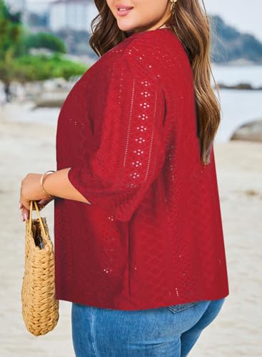 Image of Eytino Plus Size Cardigan for Women Half Sleeve Knitted Jacquard Summer Kimono Cover up Tops(1X-5X)