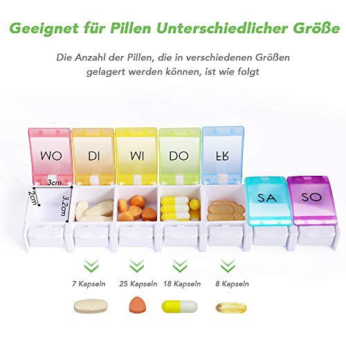 Opret Tablettenbox 7 Tage Deutsch, Pillendose Regenbogen, Tablettendose Pillenbox Medikamentenbox Wochen Tabletten Organizer, Kleine Eicht Zu Öffnen für Unterwegs