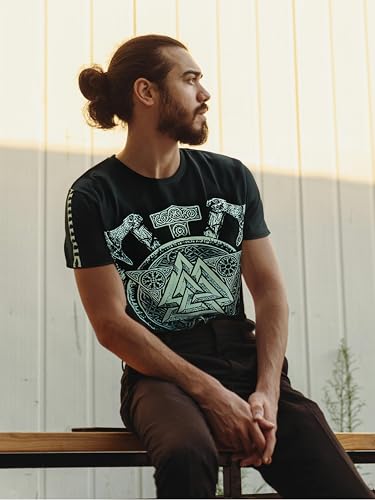 Viking Warrior T-Shirt Norse Mythology Nordic Rune Graphic Tee Odin Symbol Apparel Medieval Axe Shield Design,M-3XL4