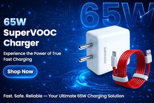 Image of Oneplus 65W Supervooc Charging Charger with 1M Type C Cable Support Dash /Superdart /Wrap /Vooc Compatible with Oneplus 15 /15r /13s /13 /13R /12 /12R /11 /Nord 6 /5 /Ce5 /Realme /iQOO | Fast Charge Adapter 65Watt