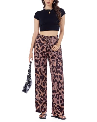 Ladyful Women's Leopard Print Satin Palazzo Pants Wide Leg Elastic Waisted Cheetah Palazzo Going Out Pant Trouser2