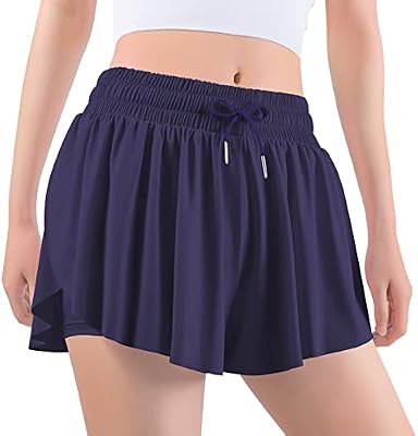Auranso Girls Flowy Shorts with Pocket – 2-in-1 Athletic Running Butterfly Shorts, Navy, Ages 7-8