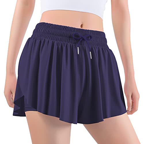 Auranso Girls Flowy Shorts with Pocket – 2-in-1 Athletic Running Butterfly Shorts, Navy, Ages 7-8