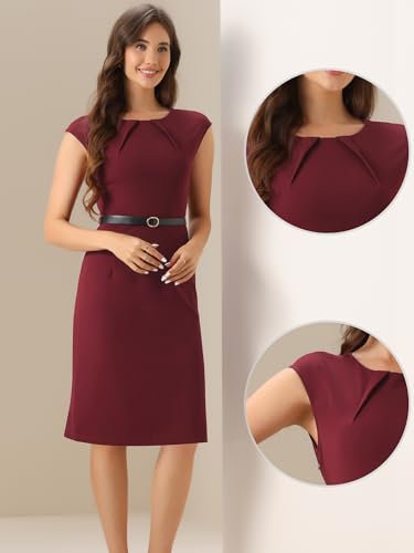 Image of Allegra K Business Dress for Women's Work Elegant 2026 Cap Sleeve Belted Office Sheath Dresses