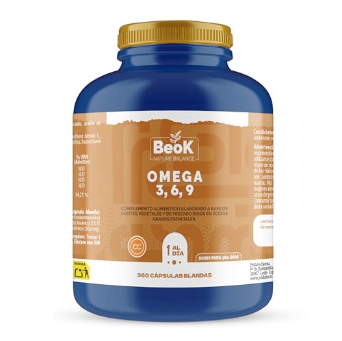 BEOK Omega 3, 6, 9 – 360 Cápsulas Blandas – Aceites de Pescado, Lino y Onagra con Vitamina E – Ácidos Grasos Esenciales para Corazón, Cerebro y Piel – Suministro para 1 Año