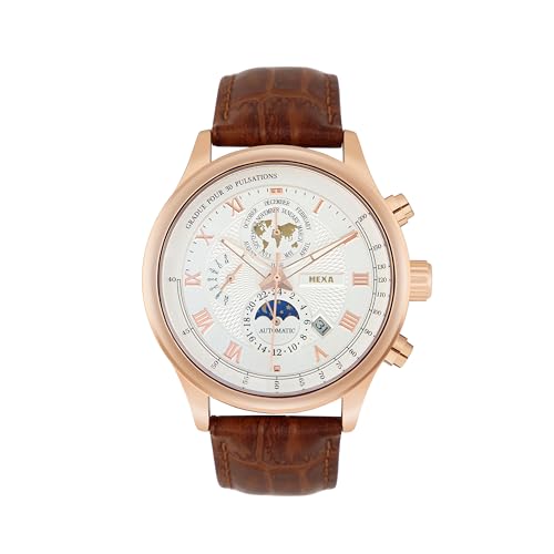 Image of HEXA Hustler Automatic Mechanical Watch for Men | Multifunction Analog Dial | Leather Strap | 45 mm Round Case | Mineral Glass | 3ATM Water Resistant Luxury Watch