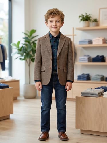 Image of Tweed Herringbone Boys Blazer Classic Jacket for Kids Casual Sport Coat | Wrinkle-resistant for easy care. Soft breathable fabric delivers comfy wear, classic pattern fits all formal events.