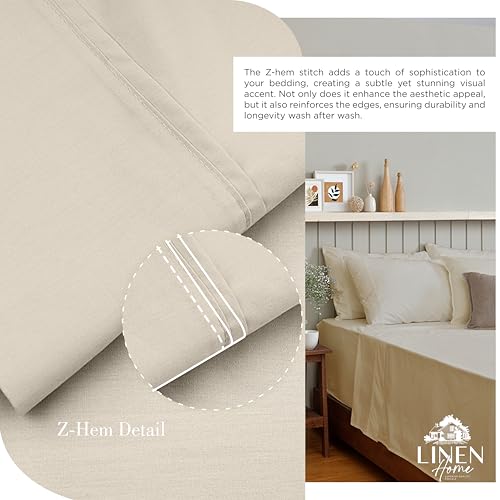 Image of Linen Home 100% Cotton Percale Sheets Queen Size, Light Taupe, Deep Pocket, 6 Pieces Set- 1 Flat, 1 Fitted and 4 Pillowcases, Crisp Cool and Long Staple Strong Bed Linen